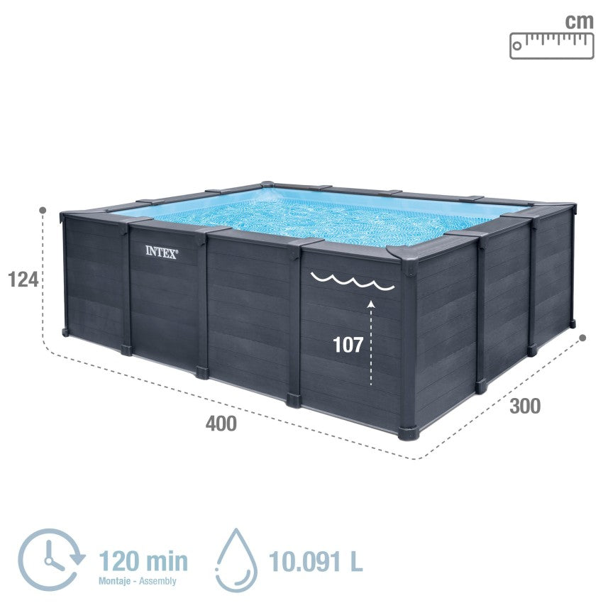 Piscina removível retangular Graphite Gray Panel 4 metros com estação de tratamento